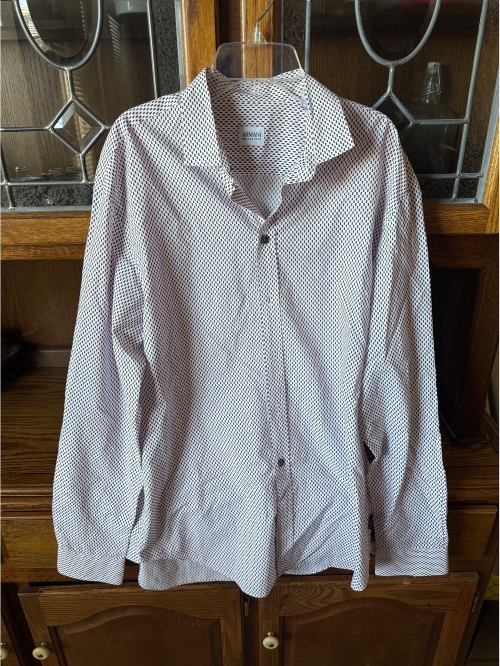 Armani Collezioni Men’s Dress Shirt L White Burgundy Geometric Print Italy
